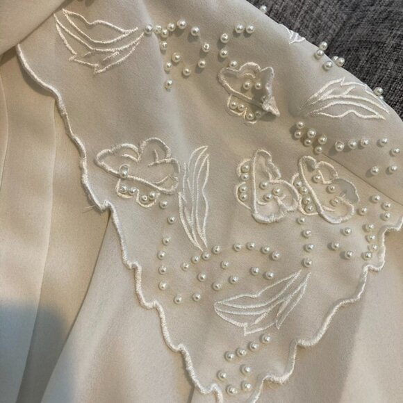 Laura Jayne Collection Cream Long Sleeve Blouse Beaded Shoulder Details Pleated - Picture 8 of 14